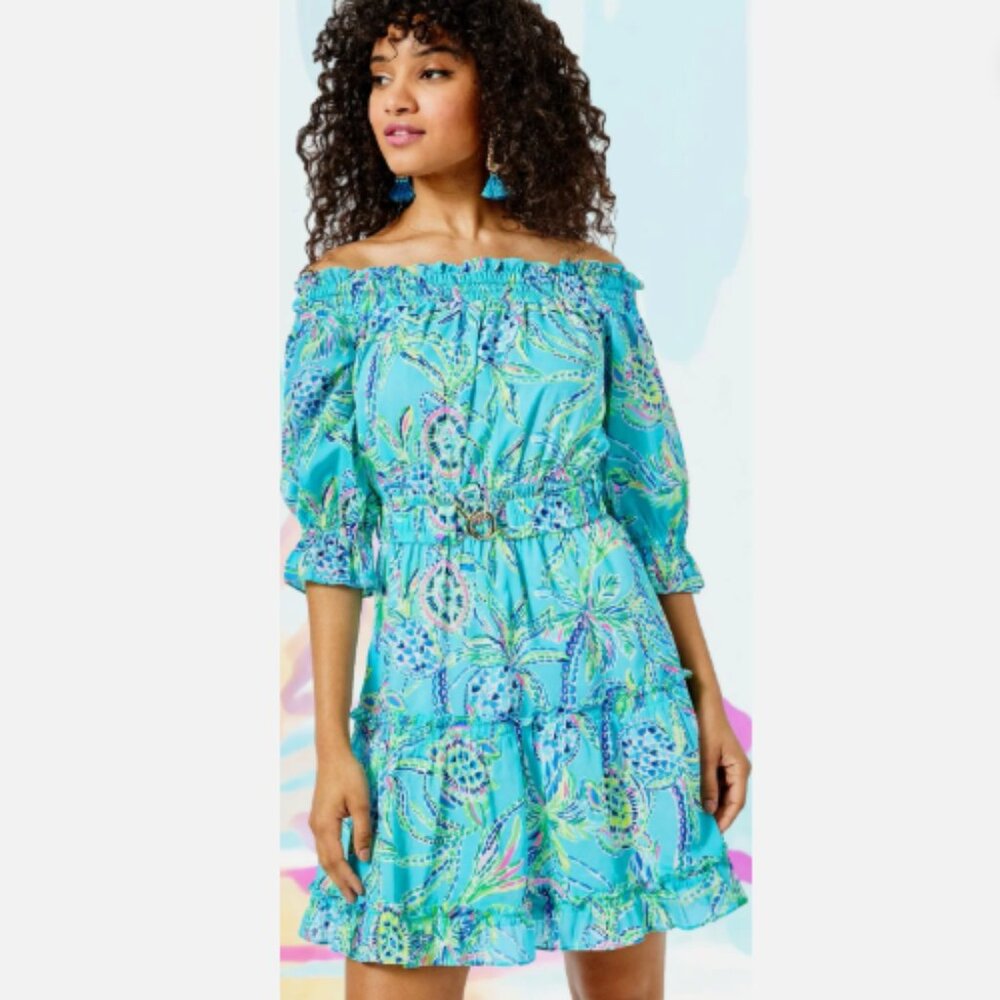 Lilly Pulitzer Louisa Dress Bermuda Blue Belted Off Shoulder Sz S Women's